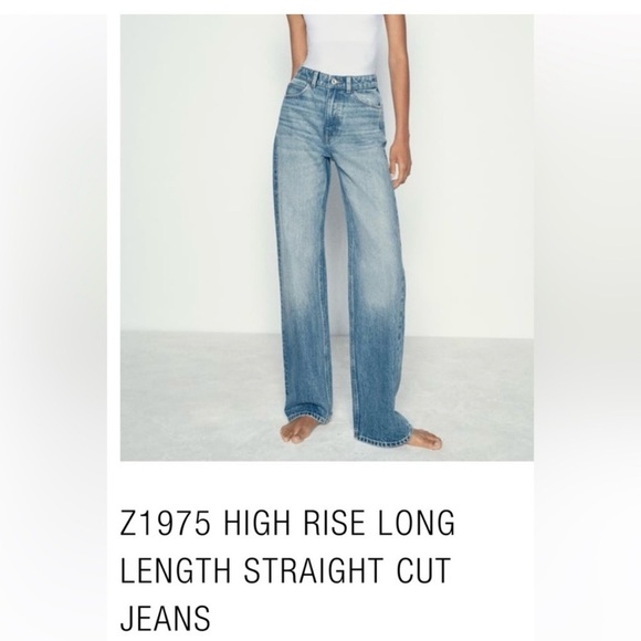 Zara 1975 High Waist Long Length Medium Wash Straight Cut Jeans 8 - Picture 3 of 9
